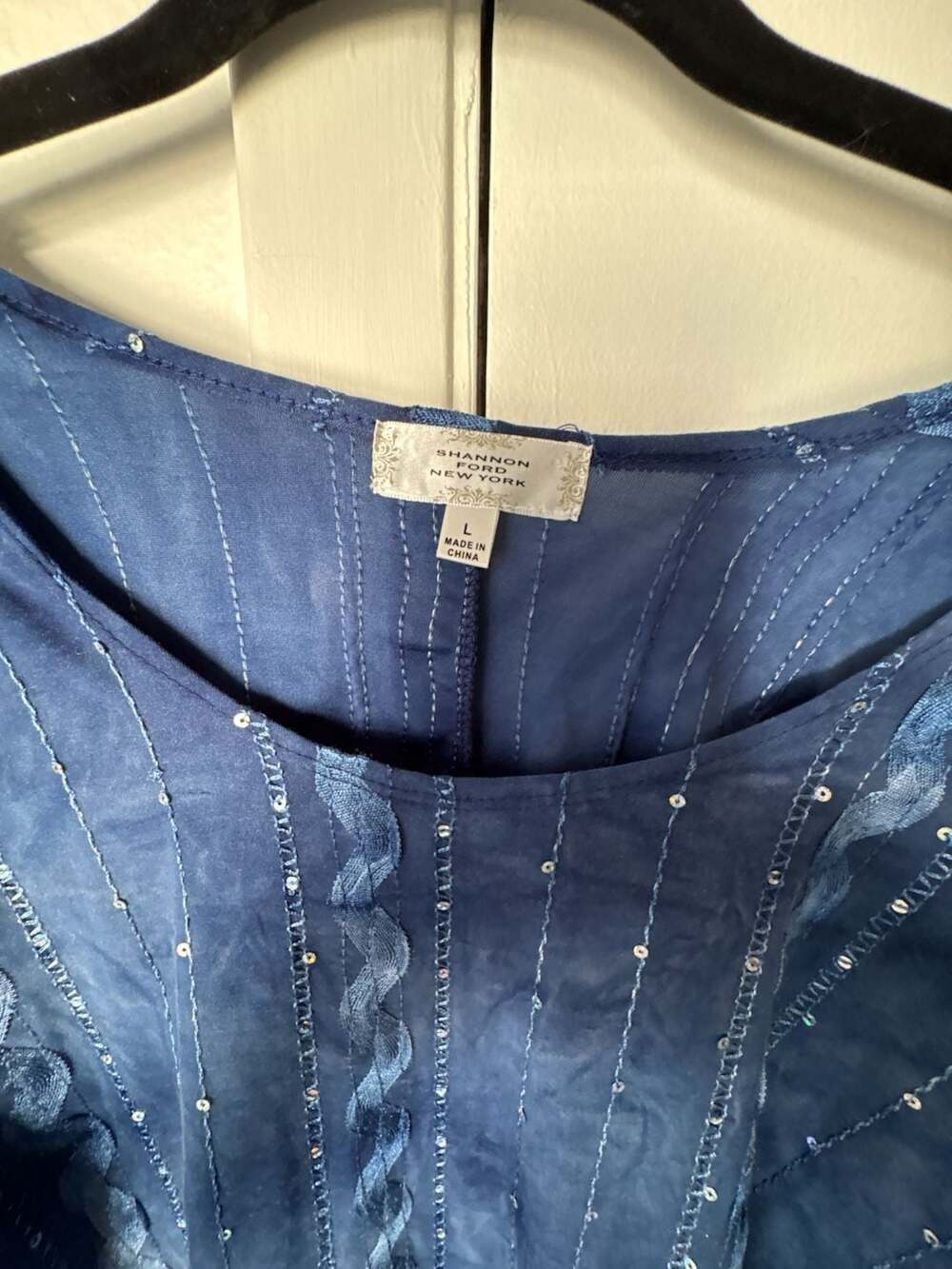 Shannon Ford New York Blue Mesh Sequin and Ribbon Trim Tunic Top
